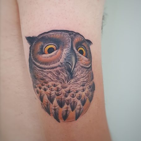 Tatouage réaliste couleur tête de hibou réalisé par Beji, Lyon
